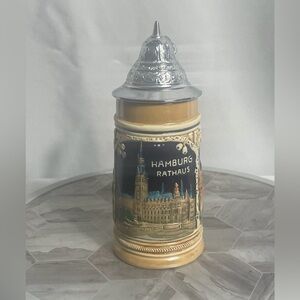 Vintage Hamburg Rathaus Germany Beer Stein Pewter Lid Elbbrücke Jungfernstieg